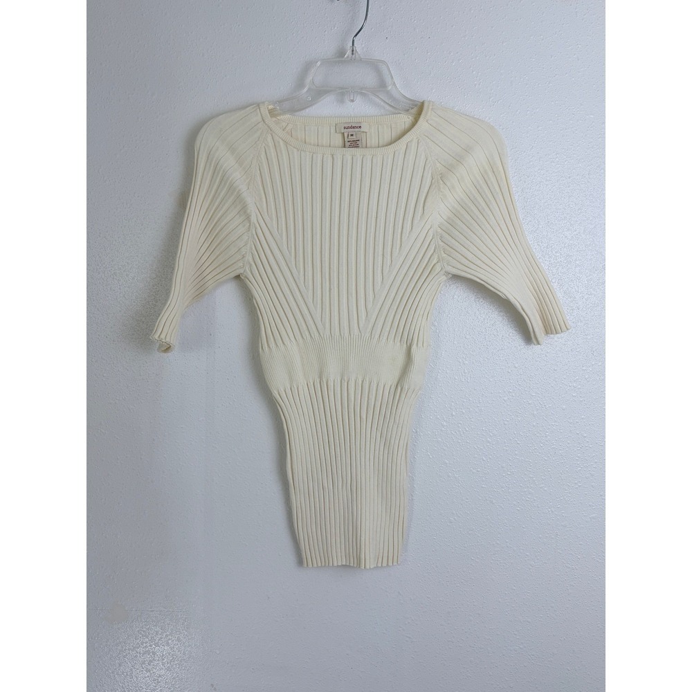 Sundance Cream Ribbed Organic Cotton Chevron Knit Elbow Sleeve Top M